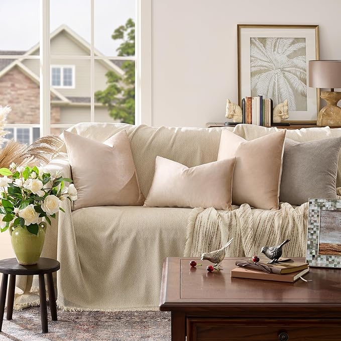 GIGIZAZA 12x20 Lumbar Pillow Covers: Pack of 2 Champagne Beige Throw Pillows Super Soft Velvet Covers - Decorative Vintage Rectangle Solid Elegant Cushion Covers Used for Couch,Living Room
