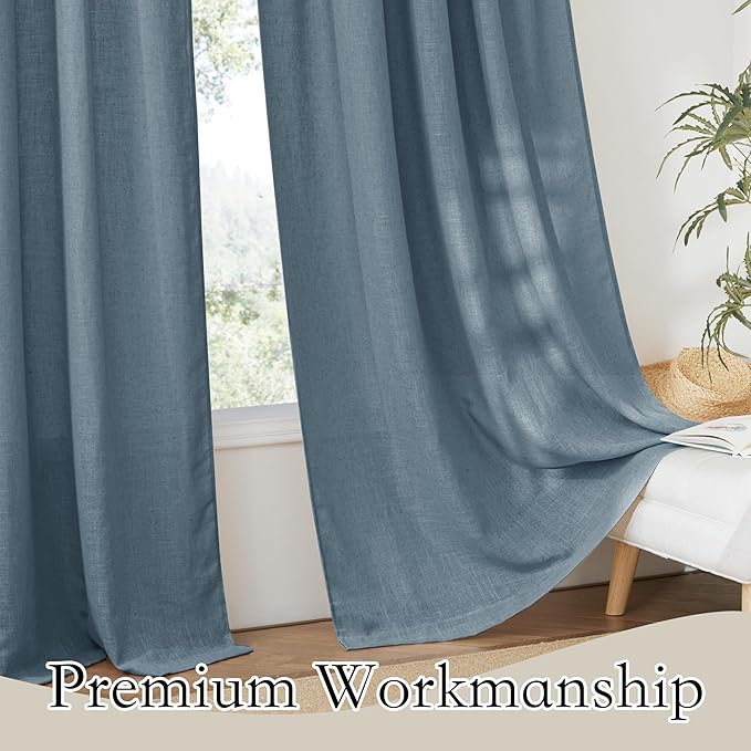 RYB HOME Linen Texture Curtains for Living Room Bathroom, Elegant Semi Sheer Drapes Light Filtering Airy Privacy Protection Vintage, 52 inch Width x 36 inch Length, Stone Blue, 2 Panels Set