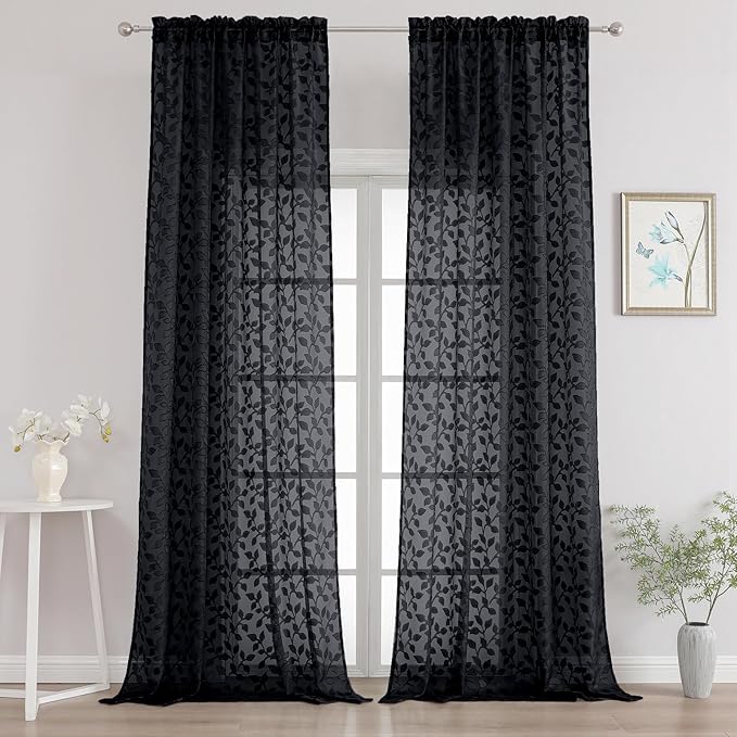 Chyhomenyc Extra Long Black Sheer Curtains 108 Inch Length 2 Panels Set, Light Filtering Tufted Textured Soft Airy Rod Pocket Gentle Leaf Window Treatment Drapes for Living Room, 52" Wx108 L, 2PCS