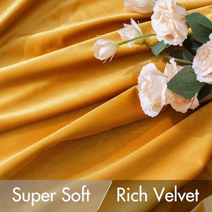 MIULEE Velvet Curtains 90 inches 2 Panels - Luxury Blackout Curtains for Bedroom Living Room Thermal Insulated Fall Decor Super Soft Elegant Window Drapes Rod Pocket & Back Tab, Mustard Yellow