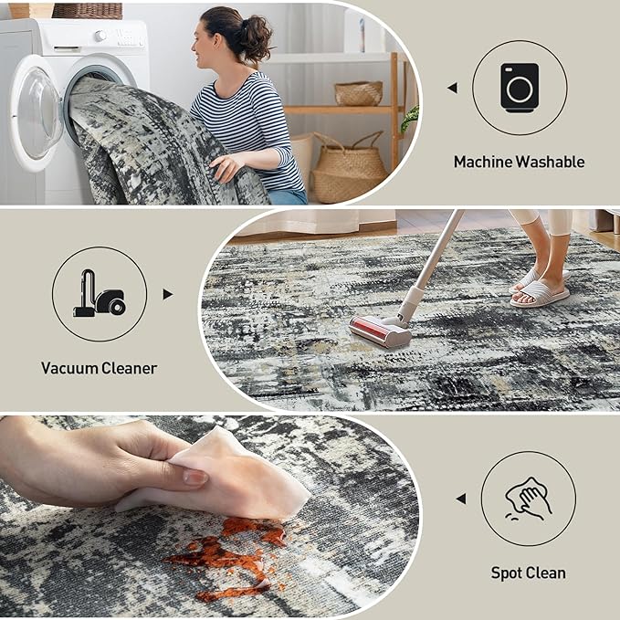 4x6 Area Rugs Washable Rug: Modern Abstract Living Room Rug Soft Anti-Skid Thin Carpet Indoor Floor Non-Shedding Carpets for Bedroom Dining Room Farmhouse Nursery Home Office Black Grey Gold