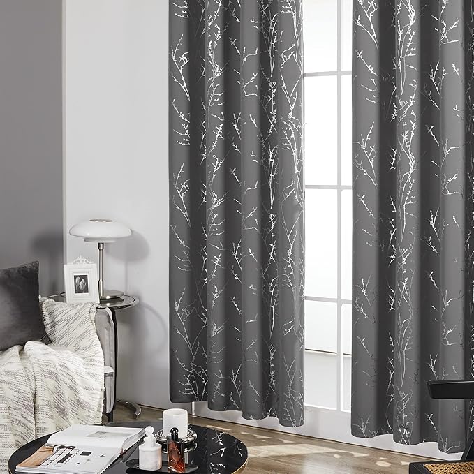 Deconovo Grey Blackout Curtains for Bedroom, Thermal Insulated Soundproof Drapes, Silver Branch Foil Print, 52 x 63 Inches Long, 2 Panels, Machine‑Washable Grommet Window Panel for Living Room Office