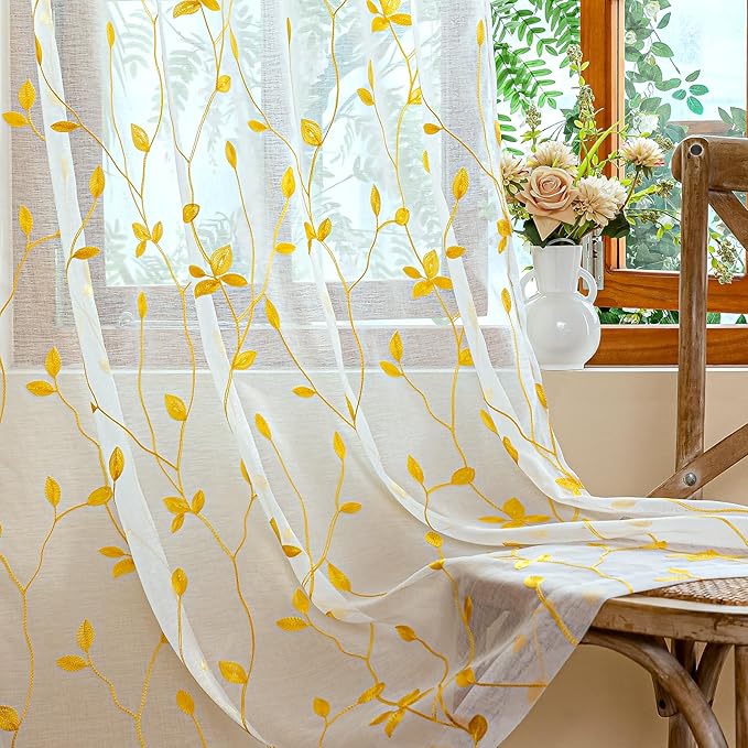 AmHoo 2 Panels Embroidered Leaf Pattern Semi Sheer Curtains Foliage Floral Voile Window Draperies Treatment for Bedroom Living Room Rod Pocket White Gold Yellow 53 x 63 Inch