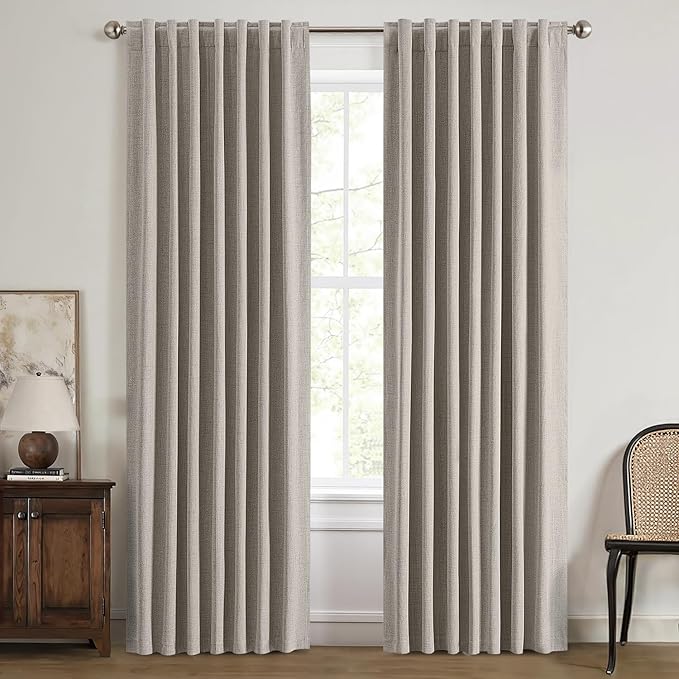 MIULEE 100% Blackout Linen Curtains for Bedroom, Greige Solid Luxury Decor Thermal Insulation Room Darkening Drapes for Living Room Nursery Back Tab Rod Pocket 42 x 72 Inches, 2 Panels