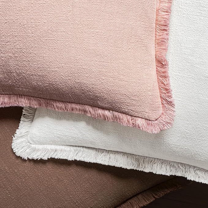 MIULEE Decorative Throw Pillow Covers Neutral Linen Fringe Throw Pillows Euro Shams Set of 2 White Boho Farmhouse Cushion Covers for Couch Sofa Bed Living Room Spring Home Decor 24x24 Inch