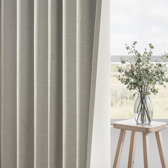 Topfinel 90 Inches Linen Curtains 100% Blackout Curtain for Bedroom Livingroom Vintage Farmhouse Linen Textured Thermal Room Darkening Drapes 2 Panels with Back Tab Rod Pocket Pinch Pleated Flax Grey