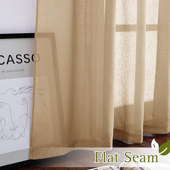 NICETOWN Natural Linen Blend Semi Sheer Curtains, Grommet Top Bedroom Window Privacy with Light Penetration Flax Sheer Drapes for Living Room/Bedroom, Camel, W52 x L108, 2 Panels