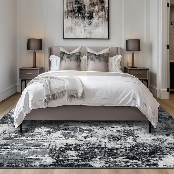 Washable Area Rugs7'x9' Non-Slip Modern Abstract Soft for Living Room Entryway Bedroom Nursery, Print Pattern, Black Navy Blue Gray