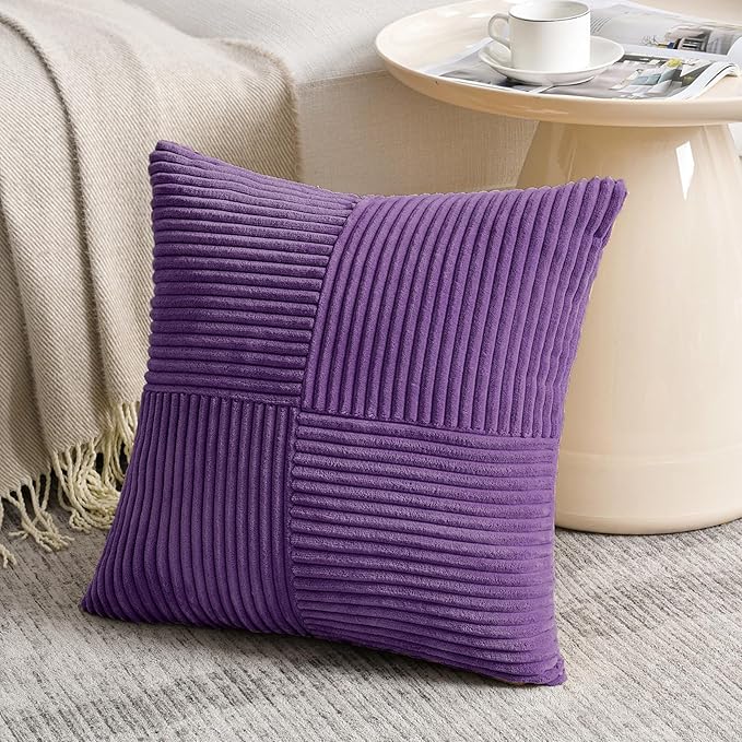 Fancy Homi 2 Packs Purple Decorative Throw Pillow Covers 16x16 Inch for Living Room Couch Bed, Farmhouse Boho Home Decor, Soft Corss Patchwork Corduroy Textured Square Cushion Case 40x40 cm