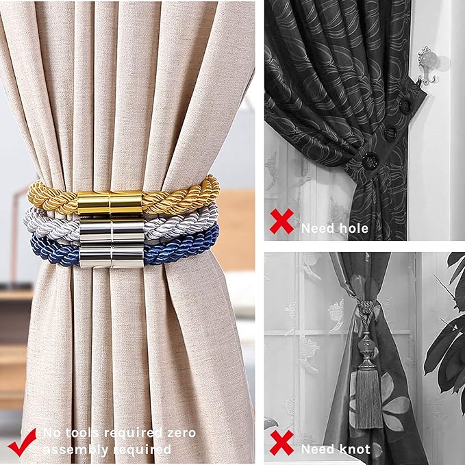 NICEEC 6 Pack Strong Magnetic Curtain Tiebacks Modern Simple Style Drape Tie Backs Convenient Decorative Weave Rope Curtain Holdbacks for Thin or Thick Home & Office Window Draperies (Gold)