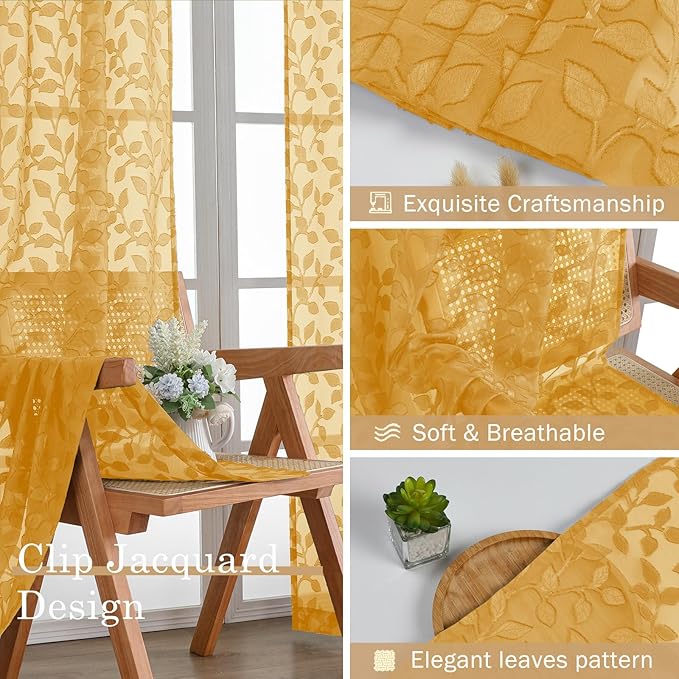 Chyhomenyc Gold Sheer Valances for Windows 14 Inch Length 2 Pcs, Light Filtering Leaf Textured Cafe Short Kitchen Curtains, Top Small Curtain for Living Room Bedroom Basement, 42" W x 14" L