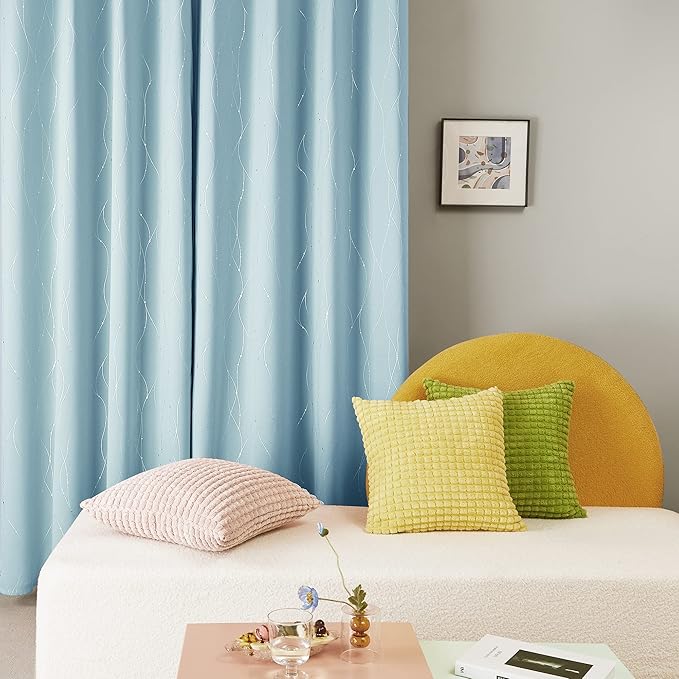Deconovo Blackout Curtains, Thermal Insulated Soundproof Grommet Drapes, Wave Dot Foil Print, 42 x 84 Inch, Set of 2, Machine Washable Window Panel for Bedroom Living Room Nursery Kitchen, Light Blue