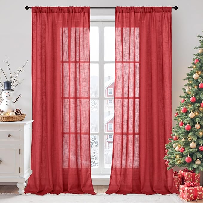 BGment Red Linen Curtains 90 Inch Length for Living Room, Long Semi Sheer Window Drapes Textured for Farmhouse Bedroom Dining with Rod Pocket Lightweight, 2 Panels Set, Each 52 Inch Wide
