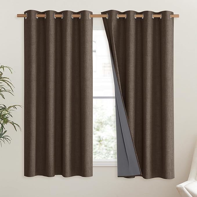 NICETOWN Coffee Vintage Linen 100% Blackout Curtains for Living Room, Thermal Insulated Curtains 45" Long, Noise Reducing Window Treatment Drapes for Hall Room, 52" Wide Per Panel, Set of 2
