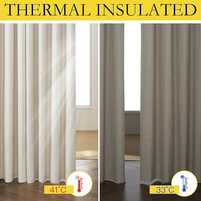NICETOWN Natural Full Blackout Boho-Chic Linen Curtains 84 inch Long 2 Panels Set for Cafe Window, 42 inch Wide, Thick Linen Blend Drapes, Insulated Window Covers Draperies with White Backing