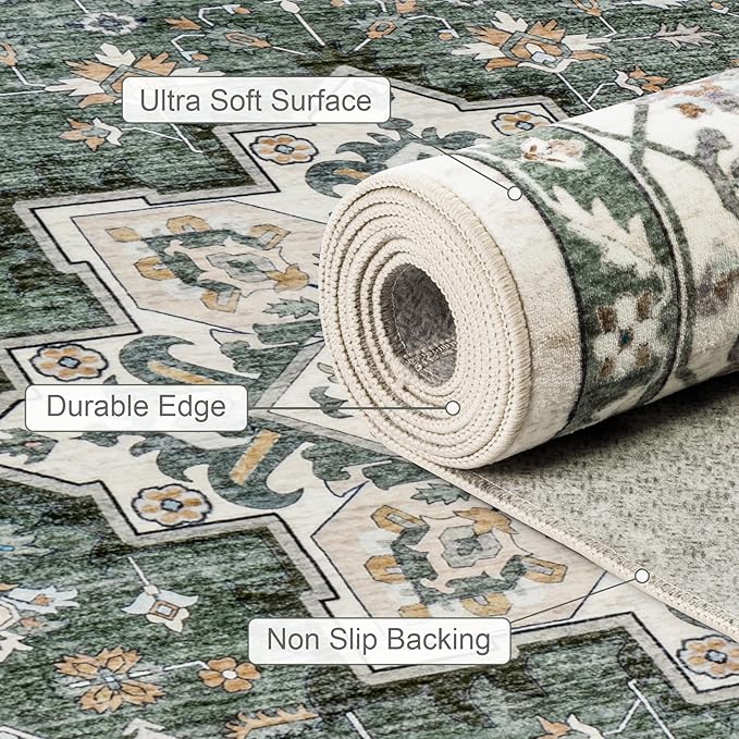 Area Rugs 10x12 Living Room Rug: Washable Rug Soft Vintage Boho Medallion Carpet Indoor Non-Slip Stain Resistant Large Carpets for Bedroom Dining Room Farmhouse Nursery Home Office Green Ivory