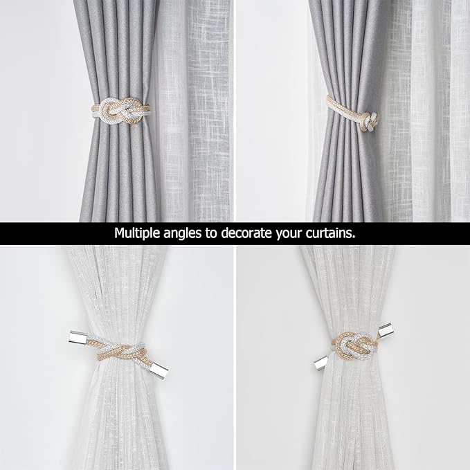 NICEEC 2 Pack Mini Magnetic Curtain Tiebacks Nordic Simple Style Drape Tie Backs Elegant Hand Weave Rope Knot Decorative Curtain Holdbacks for Home & Office Thin Window Drapery (Beige & White)