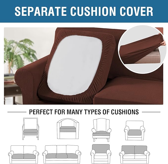 H.VERSAILTEX 3 Piece Stretch Sofa Covers for 2 Cushion Loveseat Couch Covers for Living Room Sofa Slipcovers (Base Cover Plus 2 Seat Cushion Covers) Thicker Jacquard Fabric (Medium Sofa, Burnt Brick)