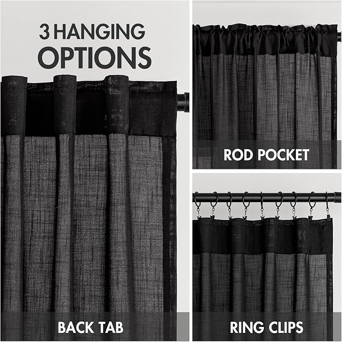 MIULEE Black Linen Curtains 96 Inch Length 2 Panels for Bedroom Living Room, Soft Thick Linen Textured Back Tab Window Drapes Semi Sheer Light Filtering Rod Pocket Modern Farmhouse Halloween Decor