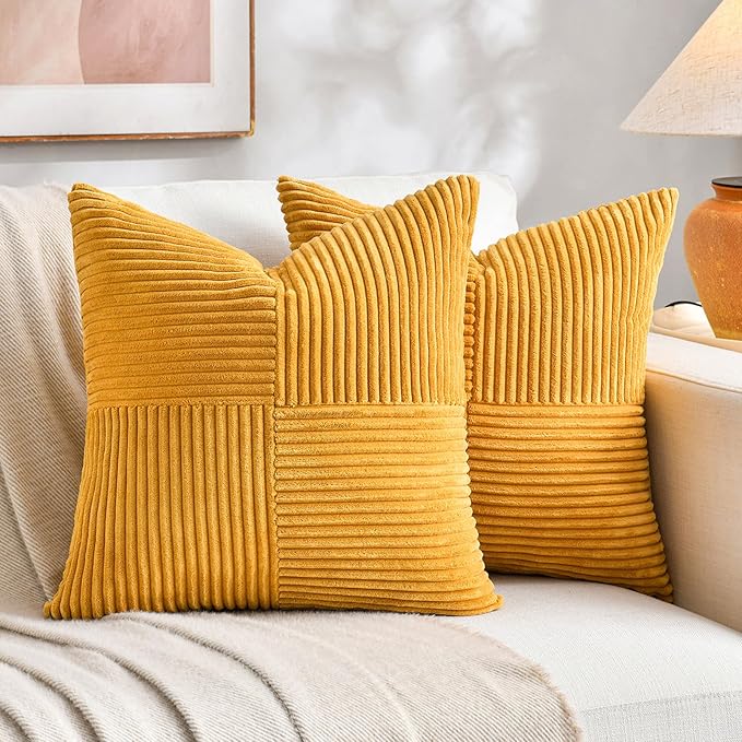 Fancy Homi 2 Packs Sunflower Yellow Spring Decorative Throw Pillow Covers 18x18 Inch for Living Room Couch Bed Sofa, Gold Yellow Home Decor, Soft Corss Corduroy Patchwork Textured Cushion Case 45x45cm
