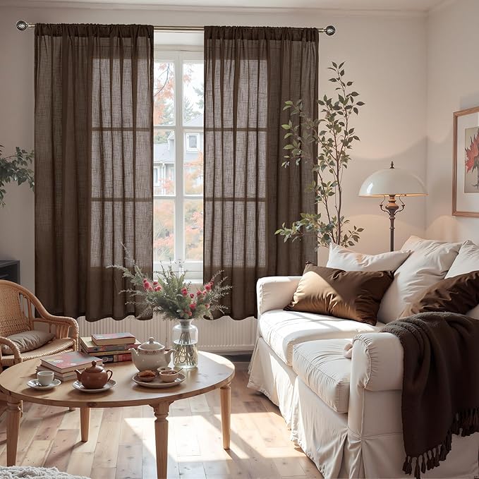 BGment Brown Linen Curtains 63 Inches Long for Bedroom Windows, Sheer Drapes Lightweight Rustic Country Textured for Farmhouse Living Room Decor Rod Pocket, 2 Panels Set, Each 42 Inch Wide