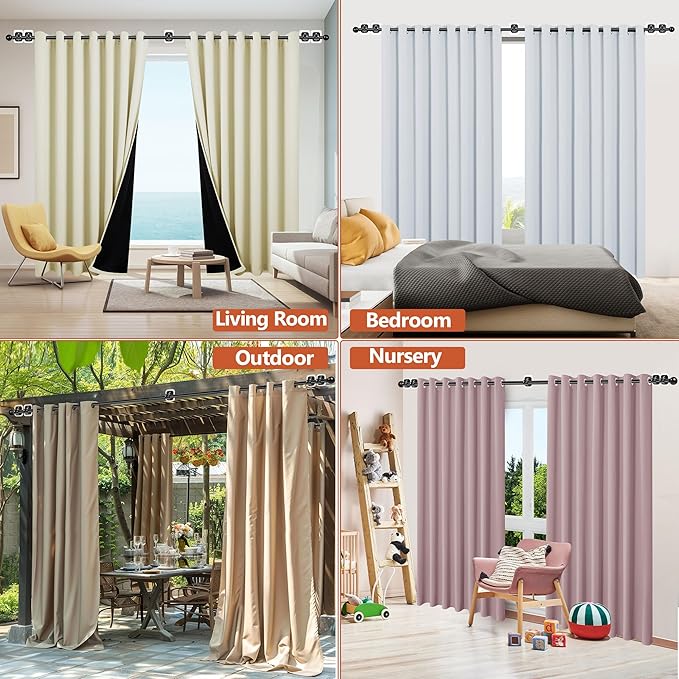Curtain Rods No Drilling for Windows,5/8 Inch Diameter Drapey Pole with No Drill Curtain Rod Brackets (2PCS Black, 48 to 84")