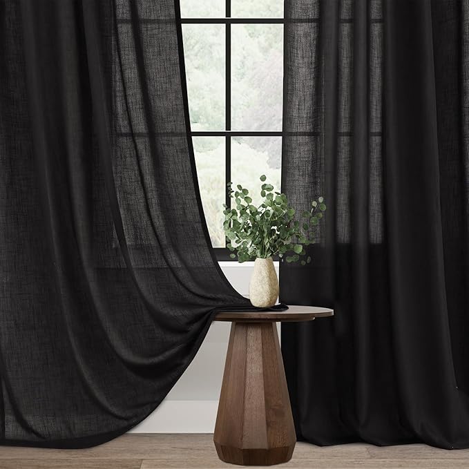 Black Linen Curtains 132 inches Long for Bedroom Back Tab Light Filtering Privacy Semi Sheer Black Curtains Living Room Boho Rustic Farmhouse Cotton Textured Gauze Curtain 2 Panel Set