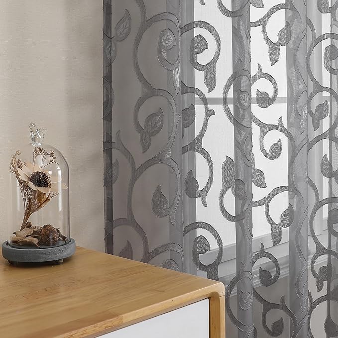 OWENIE Furman Sheer Charcoal Gray Curtains 90 inches Long for Bedroom Living Room 2 Panels Set, Light Filtering Soft Semi Sheer Jacquard Clip Farmhouse Curtains Rod Pocket Design, Each 52Wx90L inch