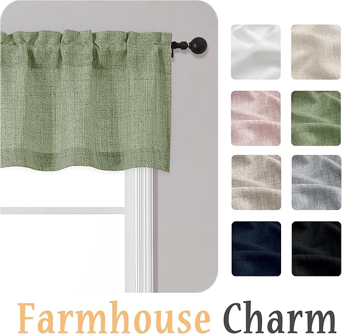 OWENIE Sage Green Valances for Windows 1 Pcs 22 Inch Length, Light Filtering Textured Short Small Valance Curtains for Bathroom Basement Living Room, Half Window Curtains Over Sink, 60" W by 22" L