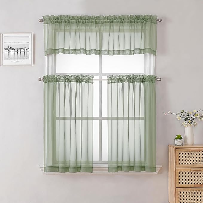 Lecloud Sage Green Short Sheer Curtains 14 Inch Length 2 PCS, Cafe Kithen Curtains with Dual Rod Pockets, Light Filtering Voile Valances for Living Room Bedroom Window Treatments, 40 W x 14 L Inch