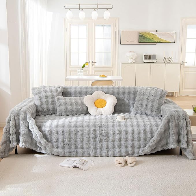 HANDONTIME Grey Plush Sofa Covers Washable Rabbit Plush Couch Cover Soft Cozy Faux Fur Couch Protector for Dogs Fluffy Plush L Shaped Sofa Cover Pet Friendly Couch Protector Furniture, 71" X118"