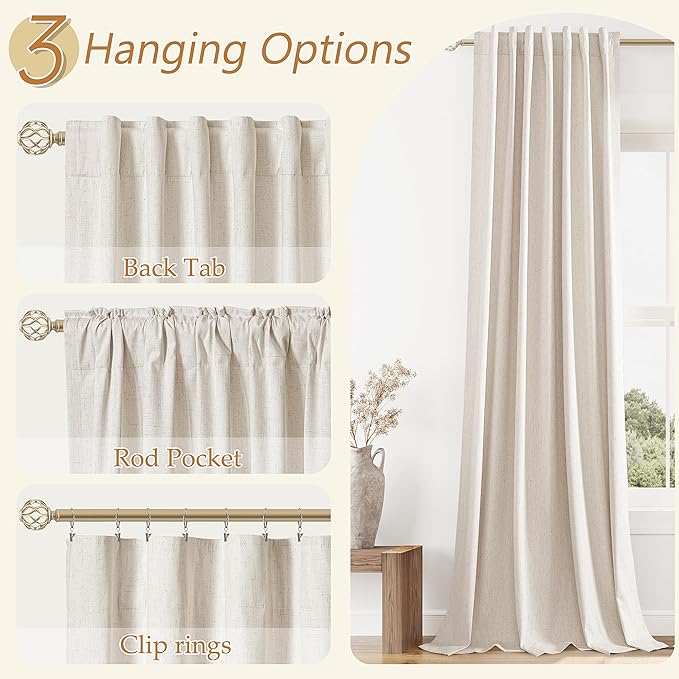 Guken 100% Blackout Linen Curtains 63 Inch Length 2 Panels Set for Living Room Bedroom Back Tab Thermal Insulated Black Out Drapes Room Darkening Farmhouse Style for Bedroom Window Curtains 52x63
