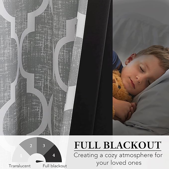 Beauoop 100% Blackout Curtains 108 Inches Long 2 Panels for Bedroom Living Room Grey Moroccan Geo Room Darkening Thermal Insulated Soundproof Grommet Top Window Treatments Drapes, 50x108 Set of 2