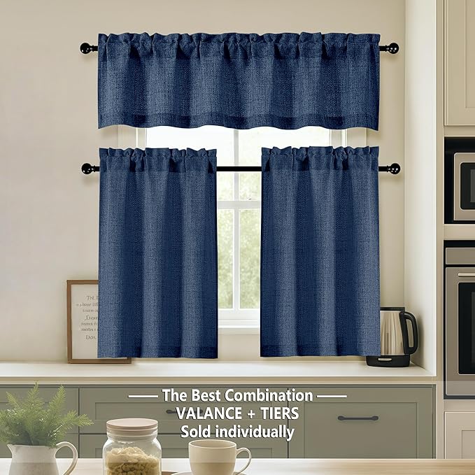 OVZME Navy Blue Valance for Windows, Light Filtering Faux Linen Textured Small Short Valance Kitchen Curtain, Dual Rod Pocket Top Short Window Curtain for Bathroom Basement Farmhouse, 1 Piece, 60Wx12L