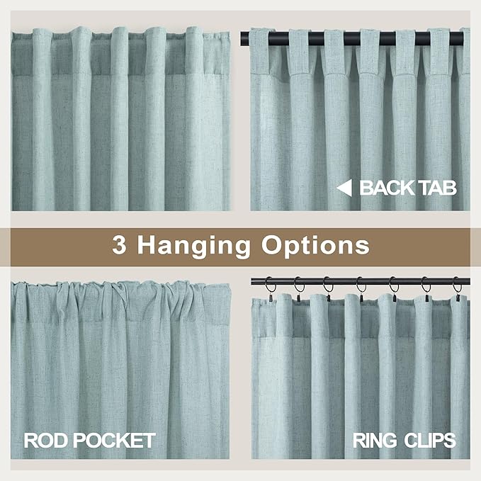Seafoam Curtains 38 Inch Wide for Small Window 2 Panels Back Tab Rod Pocket Semi Sheer Linen Skinny Sea Green Blue Curtains for Bedroom Entryway Front Door Closet Coastal Decor Teal Grey 38x84 Length