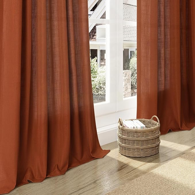 Nanspring Terracotta Curtains 80 Inches Length for Living Room Back Tab Rod Pocket Semi Sheer Linen Drapes Muted Neutral Boho Brick Burnt Orange Linen Textured Window Curtain for Dining Room 52X80