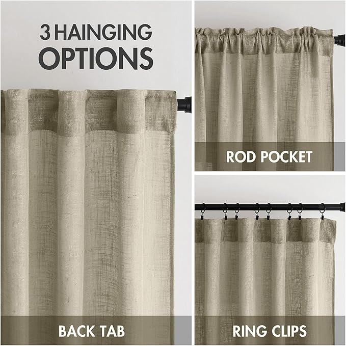 MIULEE Oatmeal Linen Curtains 96 Inches Long 2 Panels for Bedroom Living Room, Soft Thick Linen Textured Natural Window Drapes Semi Sheer Light Filtering Back Tab Rod Pocket Burlap Look Decor