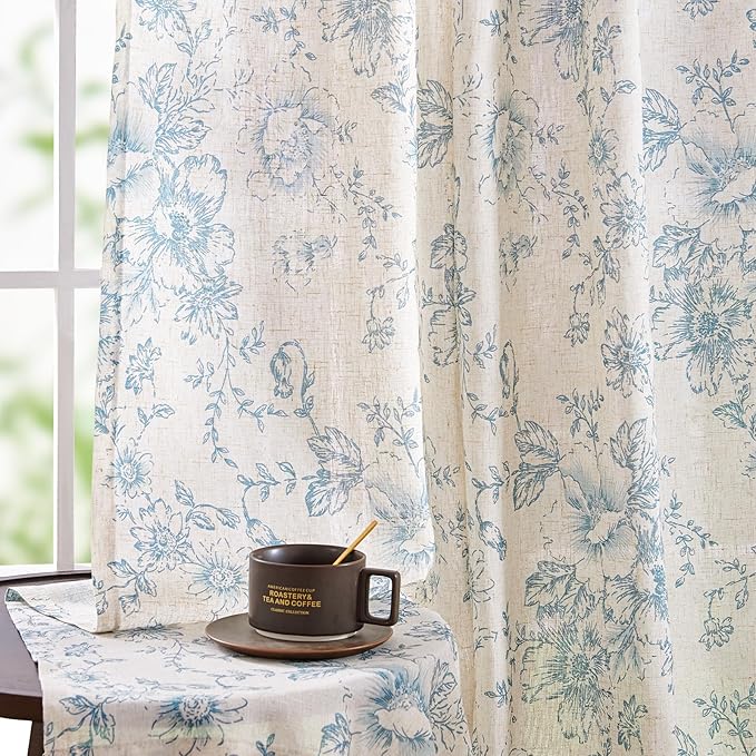 jinchan Linen Blend Curtain Floral Curtains for Living Room 90 Inch Length Blue Printed Curtain Rod Pocket Back Tab Farmhouse Peony Flower Patterned Drapes Bedroom Window Curtains Set 2 Panels