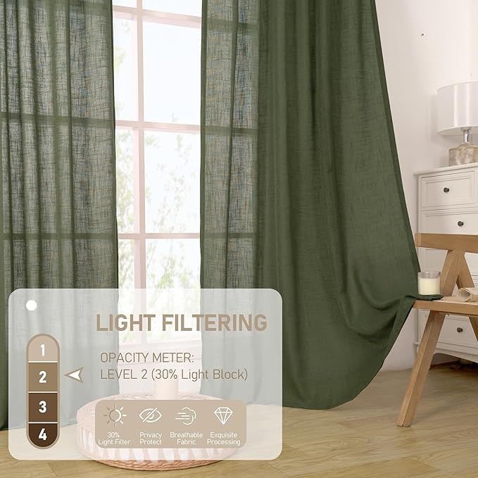 LAMIT Olive Green Linen Semi Sheer Curtains 45 Inch for Bedroom, Light Filtering Neutral Window Curtains Boho Back Tab and Rod Pocket Christmas Decor Panels, 2 Panels, 52 x 45 Inch