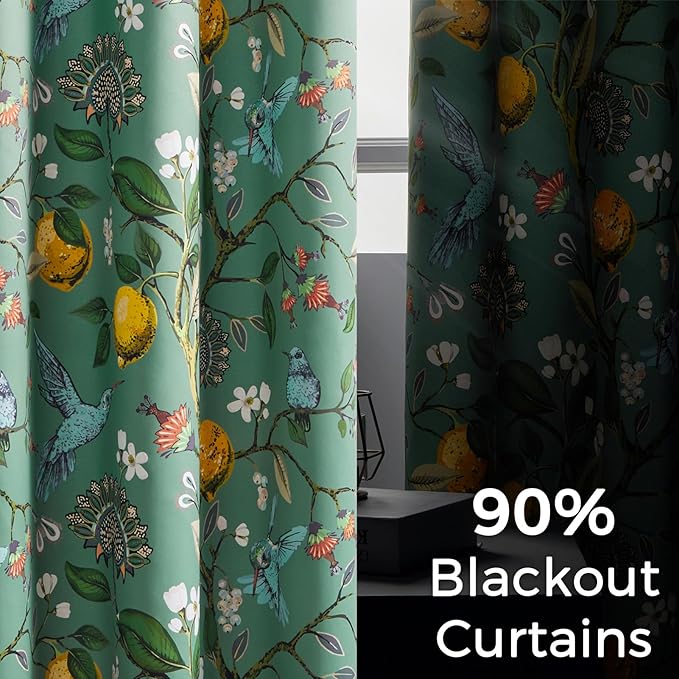 Topfinel 94 Inches Long Custom Curtains, Unique Cottagecore Whimsical Vintage Pretty Fun Floral Hummingbird Patterned Double Sided Grommet Green Print Drapes Two Pages for Bedroom Living Room Dining