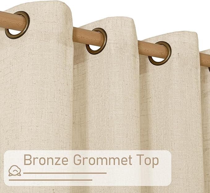 LAMIT Light Filtering Sheer Linen Curtains 102 inches Long, Linen Textured Semi Sheer Bronze Grommet Natural Boho Drapes for Living Room/Farmhouse, 2 Panels, Linen, 52 x 102 Inch