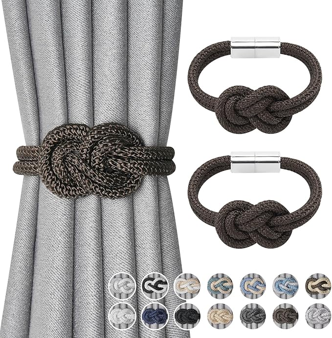 NICEEC 2 Pack Mini Magnetic Curtain Tiebacks Nordic Simple Style Drape Tie Backs Elegant Hand Weave Rope Knot Decorative Curtain Holdbacks for Home & Office Thin Window Drapery (Coffee)