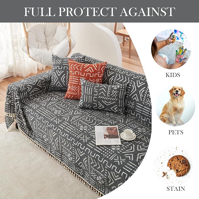 HANDONTIME Black White Boho Sofa Cover Boho Geometric Couch Covers Tassel Farmhouse Dog Sofa Covers for Slipcover Aesthetic Couch Cushion Cover Couch Protector for Dogs Living Room Décor, 71" X150"