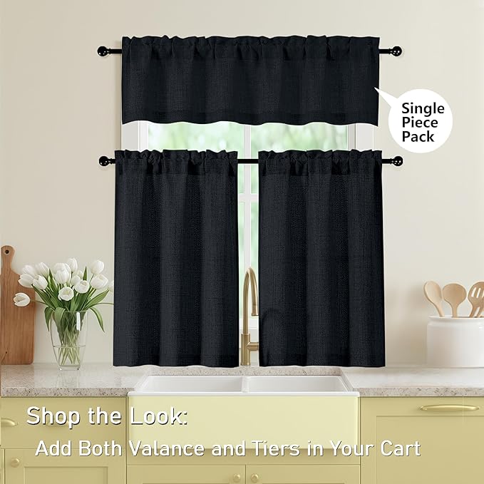 Valances for Windows, Light Filtering Faux Linen Textured Small Short Valance Curtains for Bathroom Basement Farmhouse, Rod Pocket Top Half Curtains for Windows, Black 52Wx12L Inch