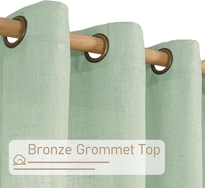 LAMIT Fresh Green Linen Curtains 72 Inch Length for Living Room, Soft Thick Linen Textured Window Drapes Semi Sheer Light Filtering Bronze Grommet Panels Rustic Country Decor, 2 Panels, 52 x 72 Inch