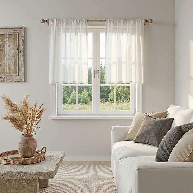 MYSKY HOME Semi Sheer Natural Linen Curtains 36 Inch Length, Light Filtering Cream Tiers Curtains Rod Pocket Neutral Window Drapes for Bathroom/Kitchen/Basement, Beige White, 34 x 36 Inch,2 Panels