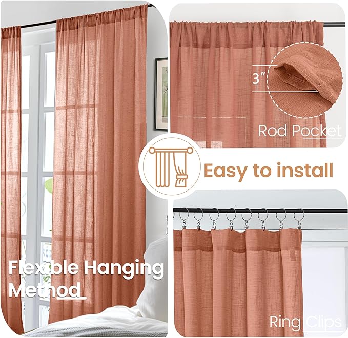 BGment Boho Terracotta Linen Curtains for Living Room 84 Inches Long, Burnt Orange Light Filtering Drapes Semi Sheer with Rod Pocket for Fall Bedroom Rust Color, Each 52 Inch Wide