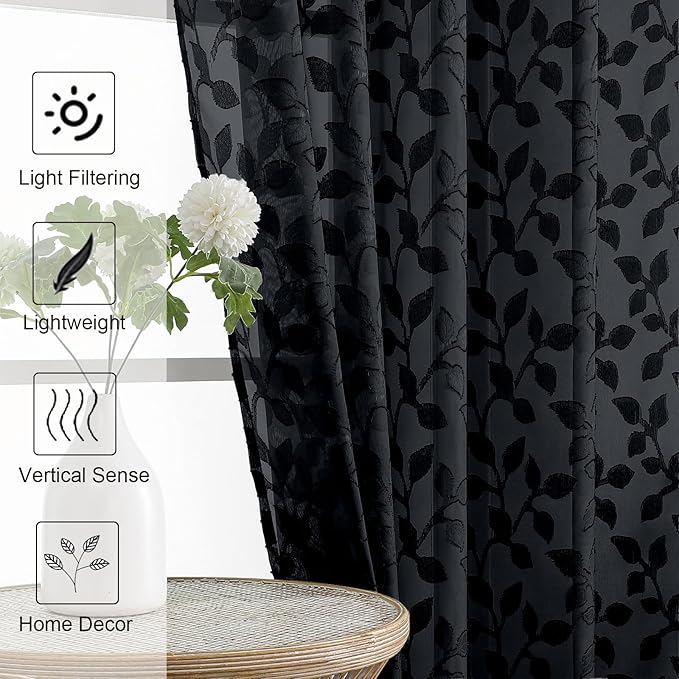 Chyhomenyc Black Short Curtains 45 Inch Length 2 Panels, Light Filtering Leaf Textured Window Curtain Panels for Bedroom Living Room, Elegant Rod Pocket Farmhouse Curtains, 30" Wx45 L, 2 PCS