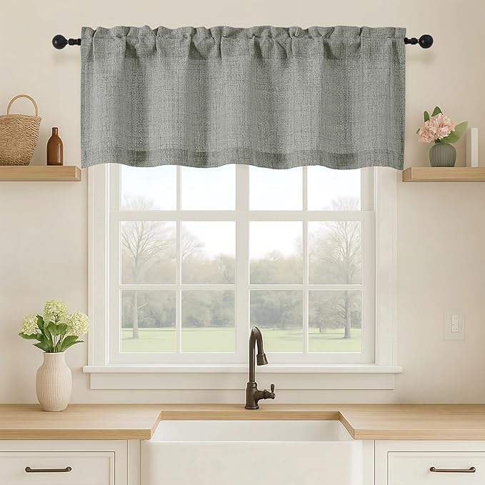 OVZME Valance for Windows, Light Filtering Faux Linen Textured Small Kitchen Valances for Windows, Dual Rod Pocket Farmhouse Short Curtain for Bathroom Basement, 52Wx18L inch, 1 Piece, Dark Grey