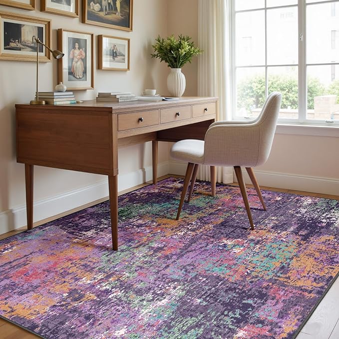 Washable Area Rugs 4'x6' Non-Slip Modern Abstract Soft for Living Room Entryway Bedroom Nursery, Print Pattern, Purple Orange Blue Green Rust Red Colorful